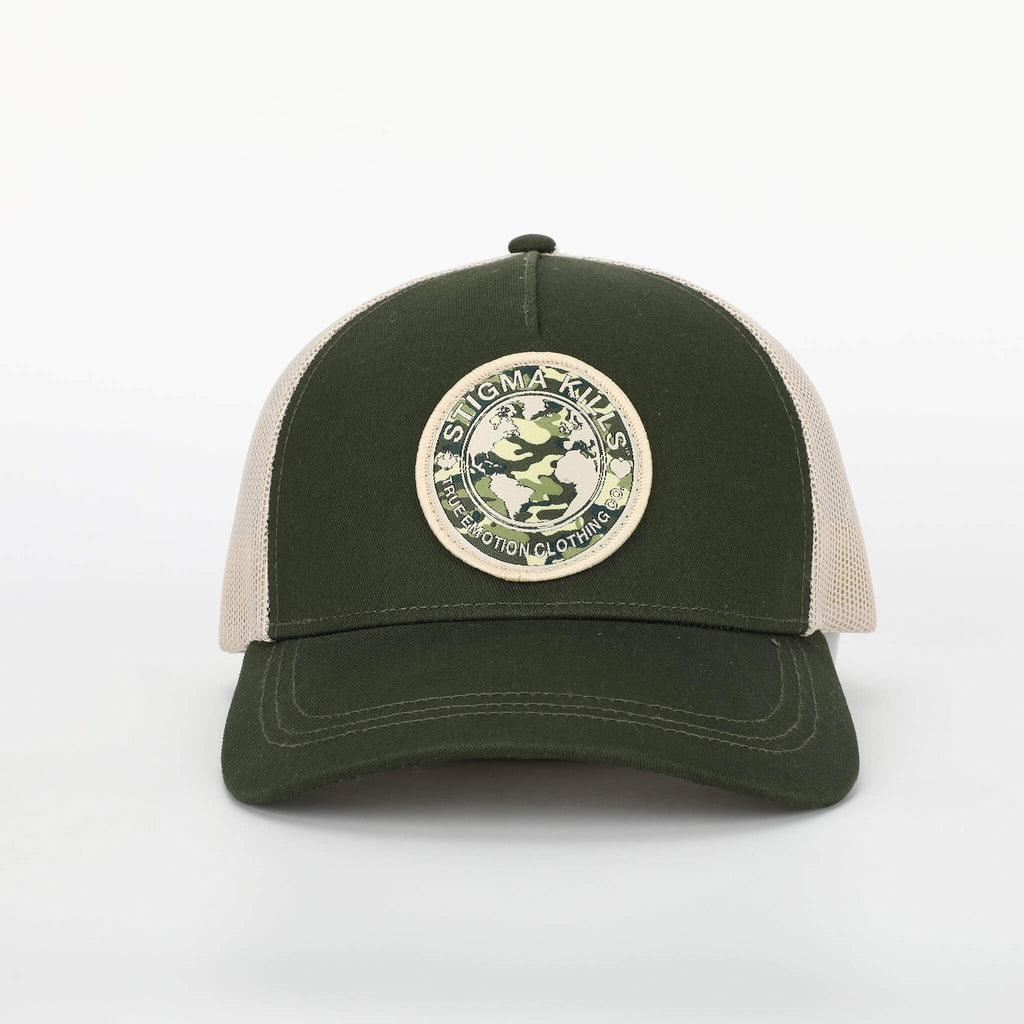 Stigmakills™ Trucker Hat - Olive/Tan with camouflage patch